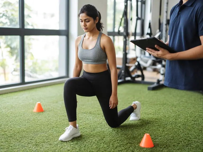 Athlete performing a lunge while a physiotherapist assesses her movement