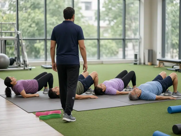 Small group physiotherapy class doing glute bridges on exercise mats