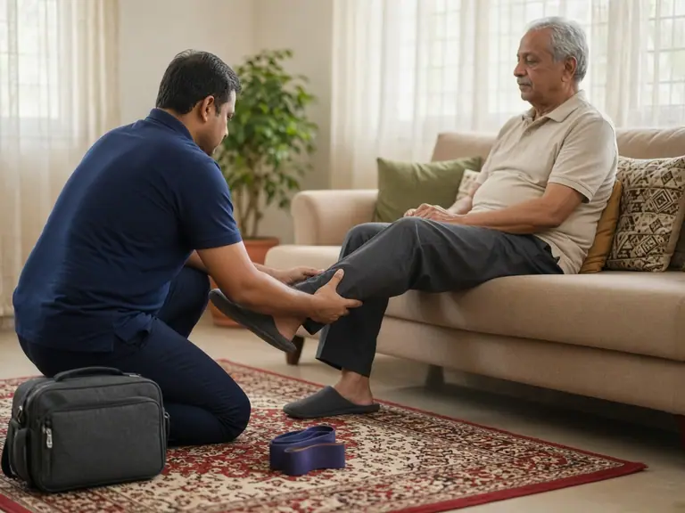Physiotherapist treating an elderly patient at home in his living room