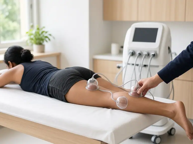 Vacuum therapy cups on the back of the thigh and calf